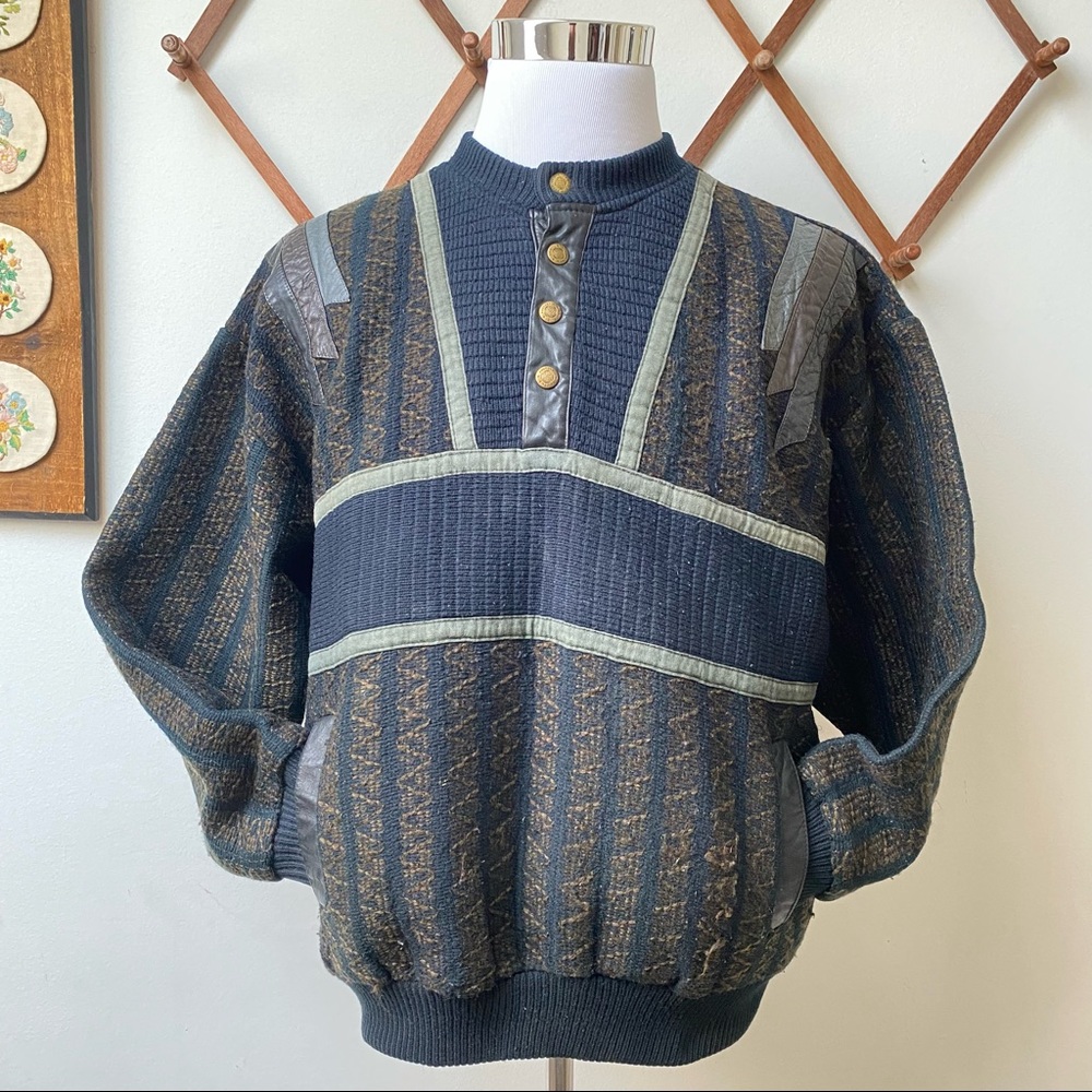 Vintage Thick Knit Sweater With Leather Trim - Picture 1 of 13